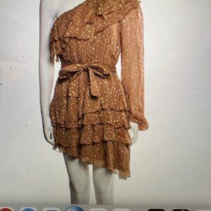 Rococo Sand Beige and Gold Asymmetrical Belted Ruffle Dress, Sz M